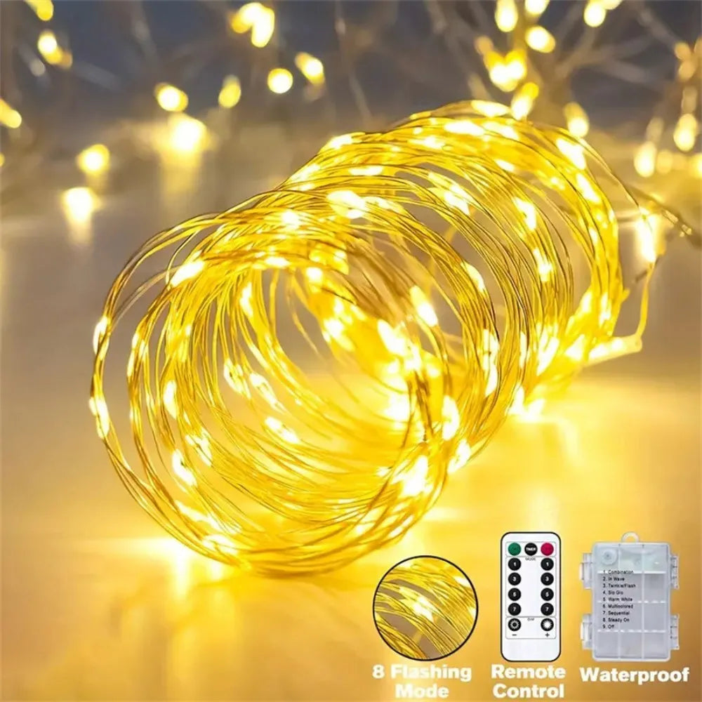 1PC 100 LED Waterproof Battery Box Copper Wire Fairy Lights, 8 Modes Camping lights, used for Garden Patio Party Weddings
